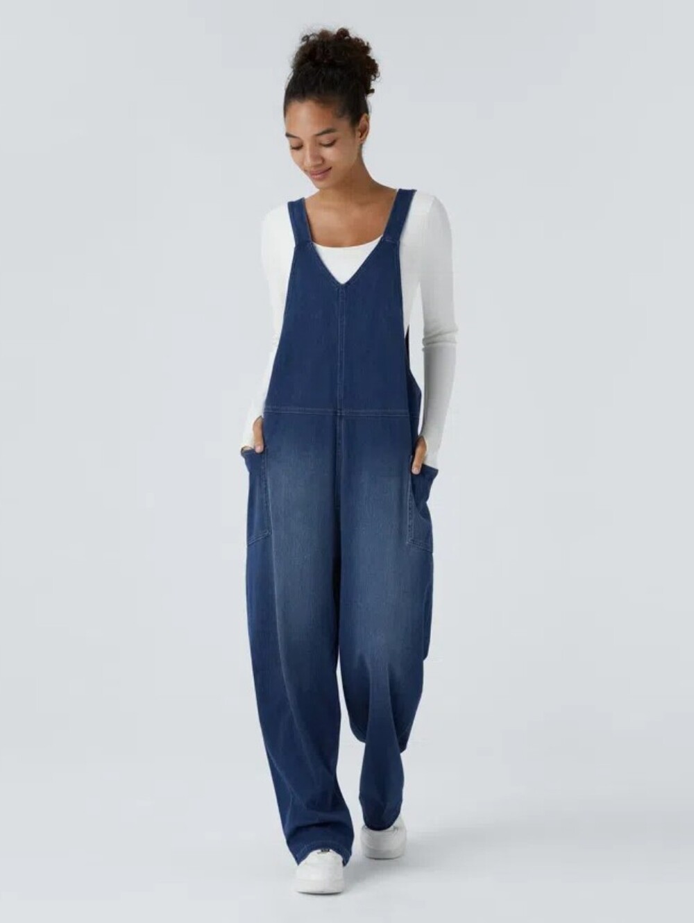 Halara Flex™ V Neck Pocket Washed Denim Casual Overalls Sz M Stretchy Comfy